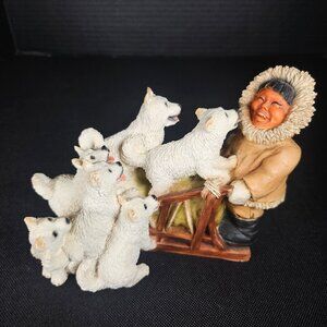 Collectible Castagna Laughing Eskimo With Dogs Figurine Made In Italy Signed
